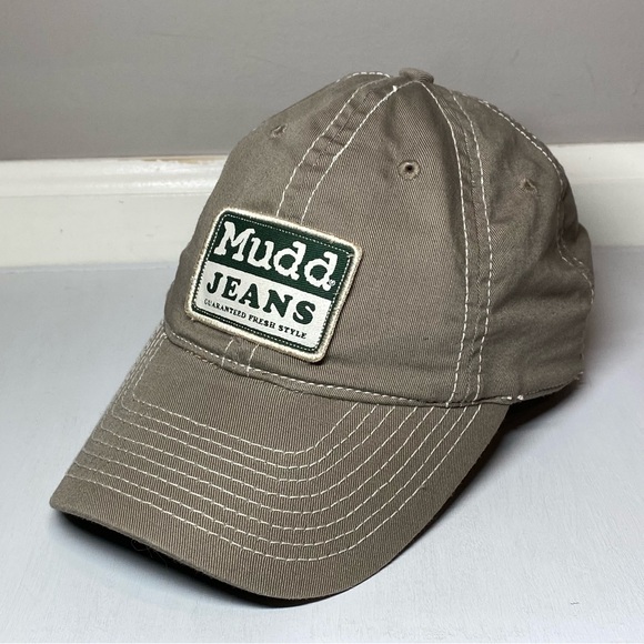 Vintage Mudd Jeans Hat Fresh Style Hand Print Logo StrapBack Tan Baseball Cap - Picture 13 of 13